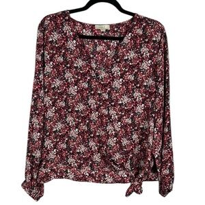 Loft Ditsy Floral Faux Wrap Tie Front Long Sleeve Blouse Large Petite Red